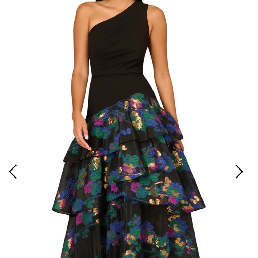 AIDAN MATTOX One Shoulder Evening Dress w/Floral Layered Jacquared Fabric